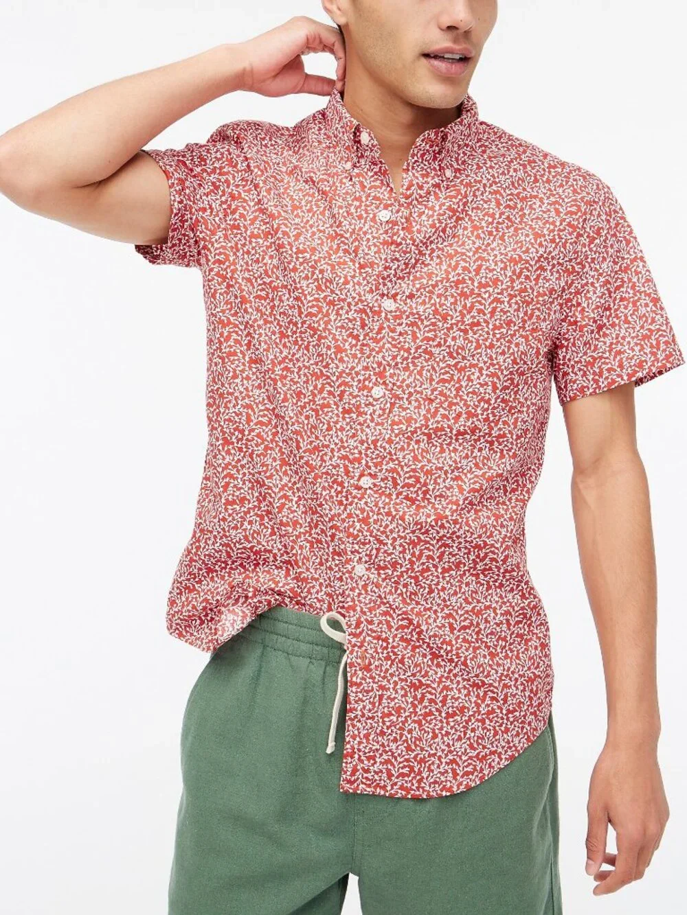 NWT J. Crew Mens Size Large Red Slim Short Sleeve Printed Flex Casual Shirt NEW